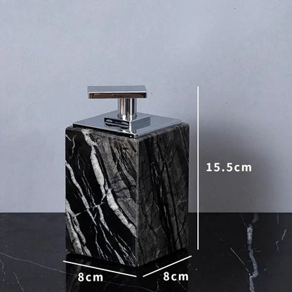 Black marble soap dispenser with sleek chrome pump from decorbites™ ancient wood grain marble bathroom set with luxury accessories