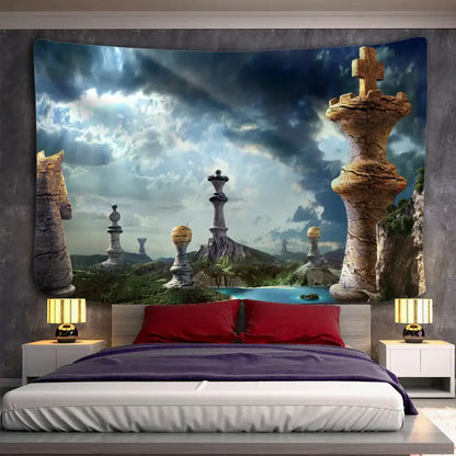 Decorbites™ angel devil hell witchcraft tapestry with oversized stone chess pieces under a stormy sky for halloween dorm decor