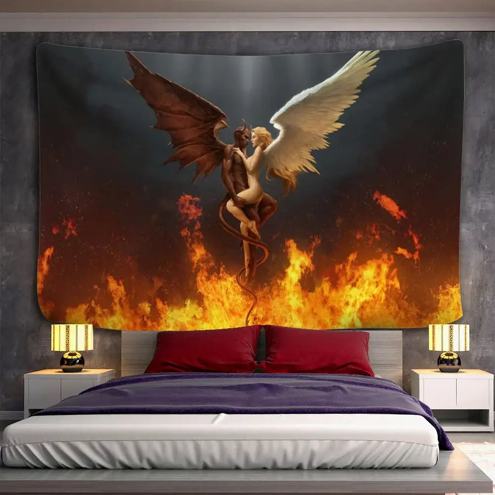 Decorbites™ angel devil hell tapestry featuring winged angel and demon embrace on dark fabric for witchcraft decor