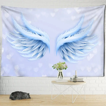 A soft lavender decorbites™ tapestry featuring detailed light blue angel wings with white hearts for devil hell witchcraft decor