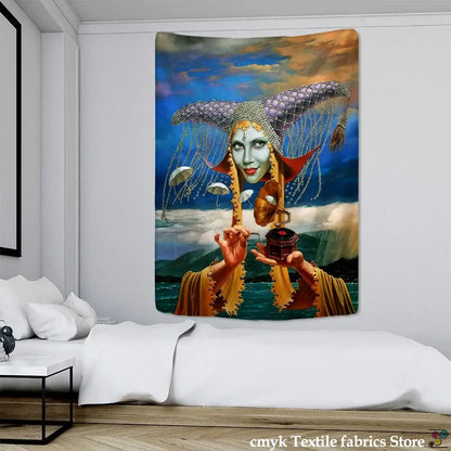 Vibrant DecorBites™ angel devil hell witchcraft tapestry features a woman in jewel-encrusted headdress with antique gramophone