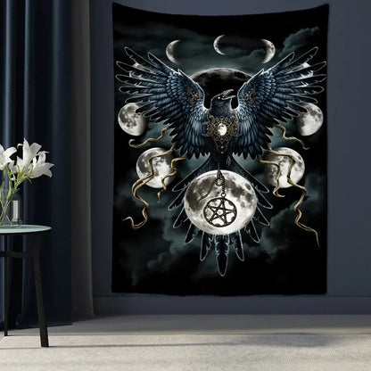 Black tapestry featuring a detailed crow with outstretched wings surrounded by moons and golden accents for devil hell witchcraft decor