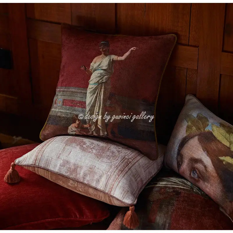 Red velvet pillow cover featuring a printed classical figure in cream robes for decorbites angel eyes lumbar pillow