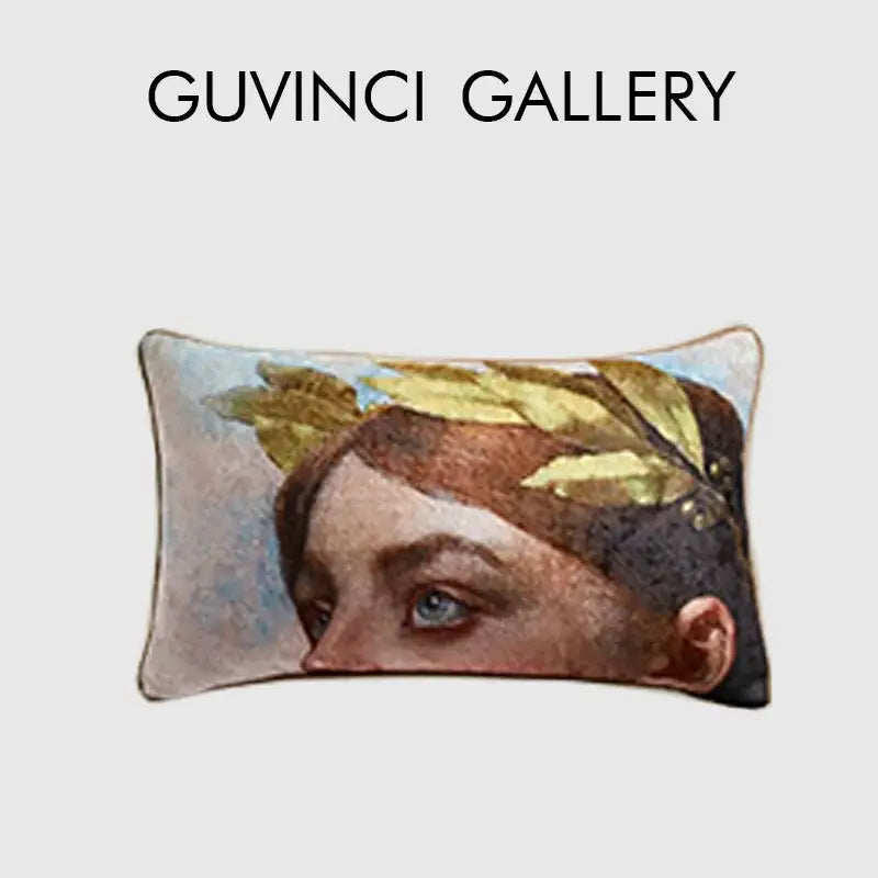 Rectangular pillow cover featuring a classical portrait with blue eyes and golden laurel leaves in soft pastel tones for angel eyes lumbar decor