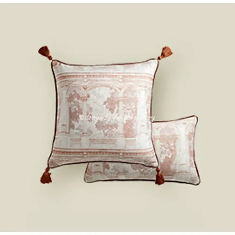 Square pillow cover with pink and white damask pattern and dark brown tassels for decorbites angel eyes lumbar