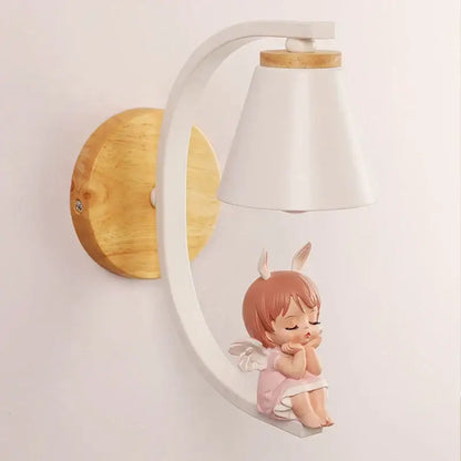 Decorbites angel girl bedroom wall sconces featuring white bell-shaped lamp with wooden base and pink bunny figurine