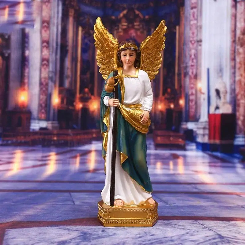 Golden-winged angel god statue figurine with white and green robes on ornate golden base for home decor and holidays