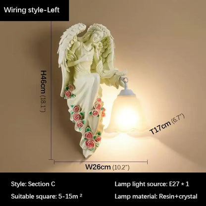 DecorBites angel indoor wall light led in white resin with pink green floral accents and bell-shaped crystal lampshade