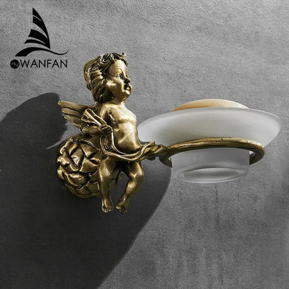 Bronze angel style gold soap dish with frosted glass bowl wall mounted for bathroom decor by DecorBites