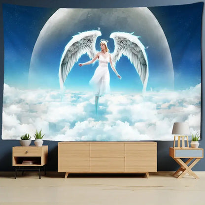 Decorbites angel tapestry wall hanging depicting a white angel with detailed wings on a dark background