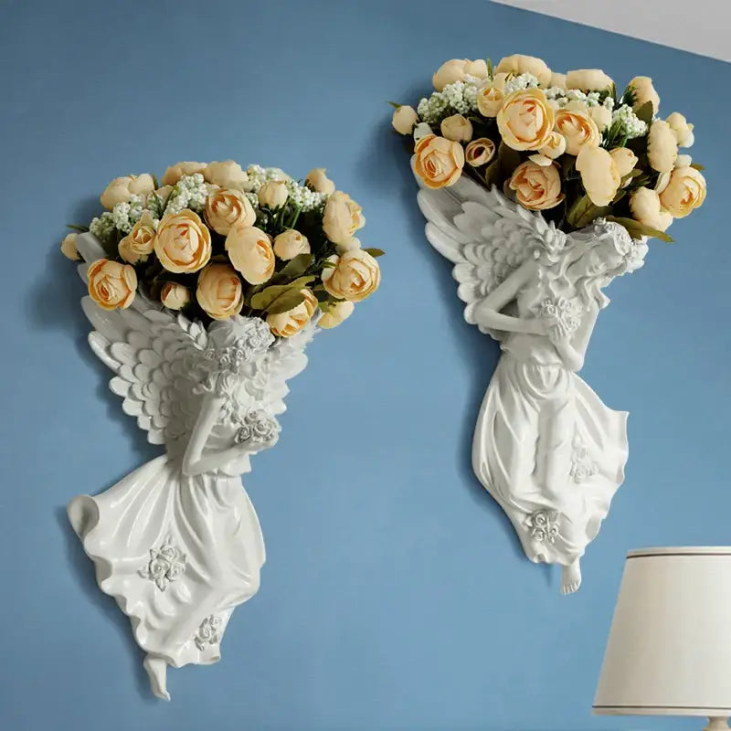 White resin angel vase wall decoration with detailed wings holding cream roses for living room decorbites wall decoration