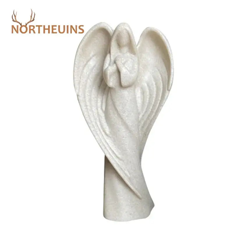 White stone resin statue of angel wing girl with detailed wings and serene expression on matching pedestal base