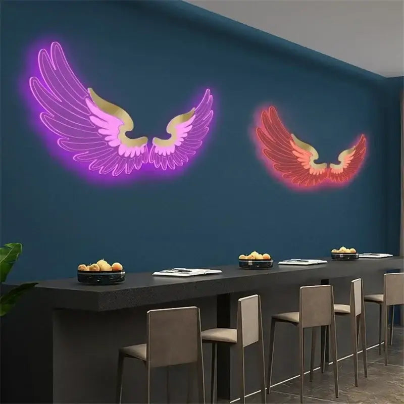 Decorbites™ angel wings rgb led wall lamp featuring glowing purple and red-orange neon wings with gold accents for living spaces