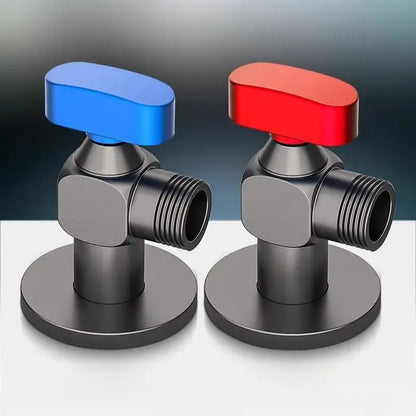 DecorBites angle valve with blue and red handles and matte black metallic body for wall mounted water volume control