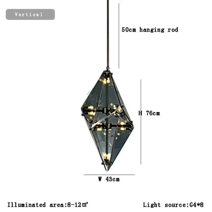 Decorbites angular diamond glass chandelier ceiling light with dark faceted glass and exposed brass hardware for home decor