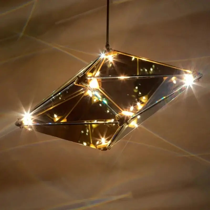 DecorBites angular diamond glass chandelier ceiling light with mirrored facets and warm LED bulbs for home decor