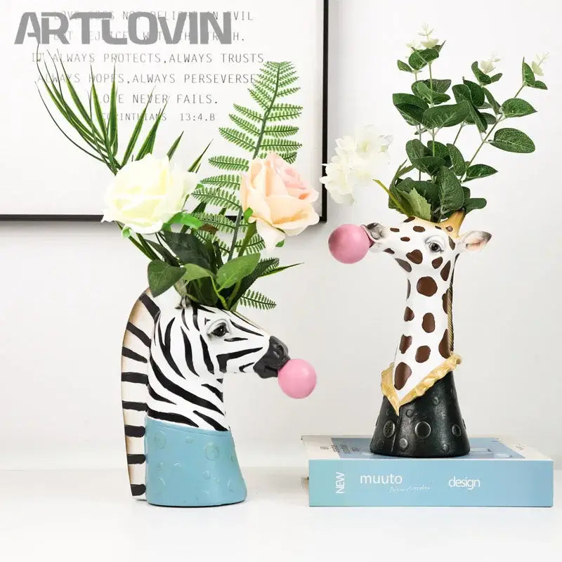 Decorbites™ animal bust succulent vase shaped like a black and white zebra with pink bubble accents hand-painted resin