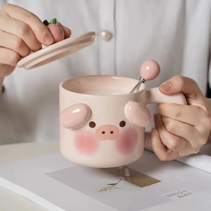 Pastel pink animal ceramic mug with pig face design rounded ears rosy cheeks part of DecorBites ceramic mug set