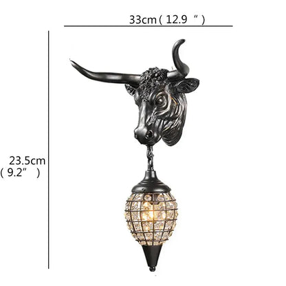 Black wrought iron longhorn head wall sconce with crystal globe lampshade for led wall lights by DecorBites™