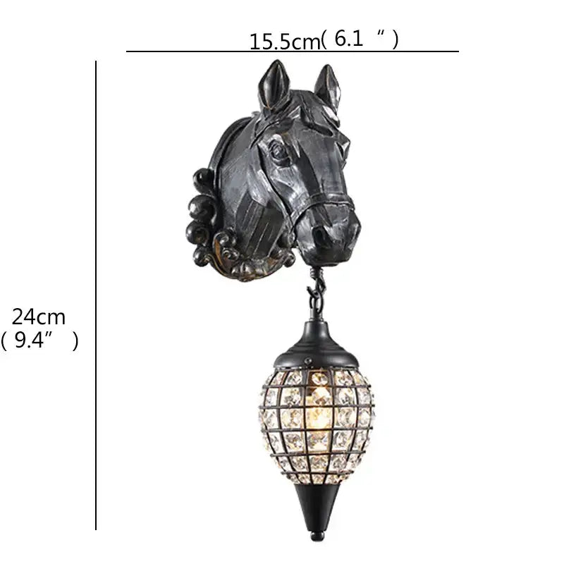 Black horse-head led wall light with crystal-encrusted pendant for home bedroom decor by DecorBites™