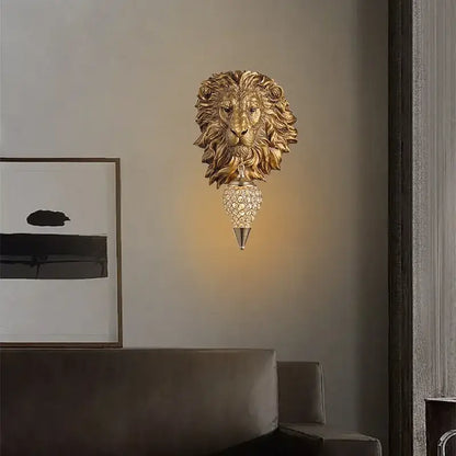 Golden lion-head led wall lights with crystal-encrusted conical shade for home bedroom decor by decorbites
