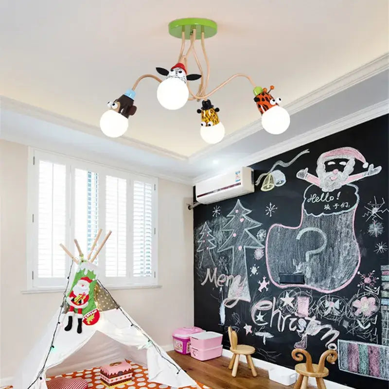 Green DecorBites™ animal led ceiling light with five monkey zebra giraffe themed fixtures for kids bedroom