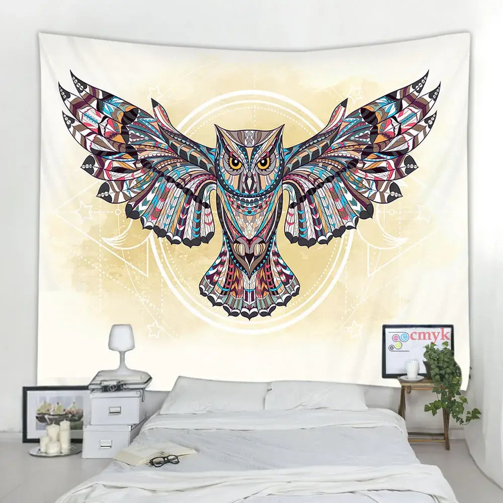 Decorbites vibrant animal mandala tapestry featuring intricately patterned owl with outstretched wings in geometric tribal design