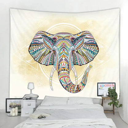 DecorBites™ animal mandala tapestry wall hanging with vibrant multicolored elephant design on cream background