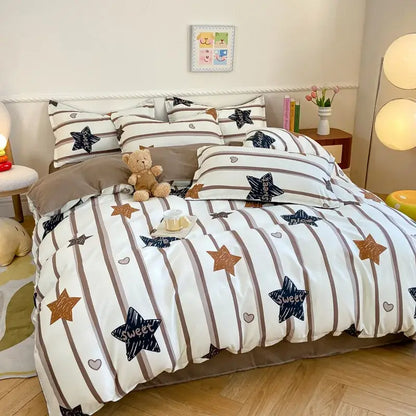 Decorbites™ white and brown striped bedding set with navy blue sweet text and star heart animal pattern for home comfort