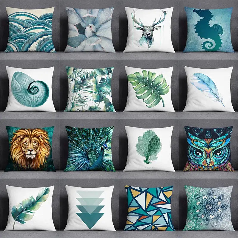 A collection of DecorBites™ animal pattern decorative pillowcases in teal green and white for home and car use