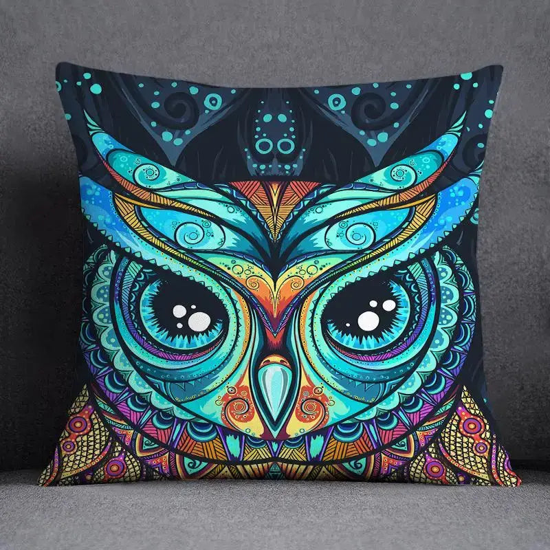 DecorBites™ animal pattern decorative pillowcase 45x45cm with vibrant teal blue orange and purple psychedelic owl design on dark background
