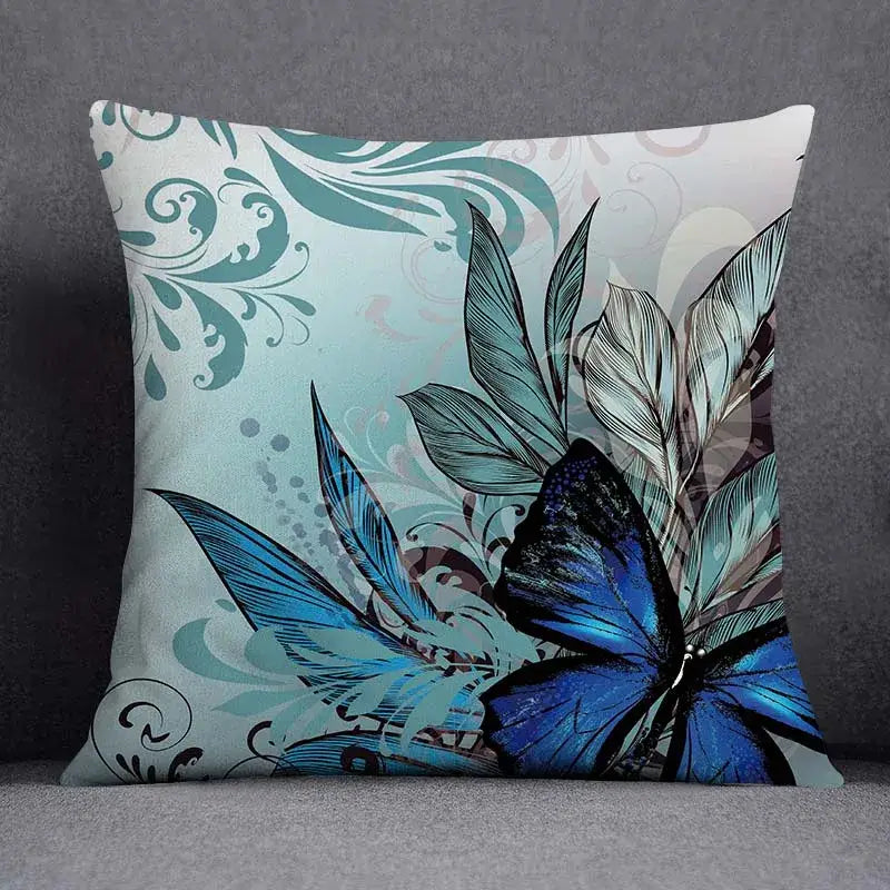 DecorBites™ 45x45cm square animal pattern decorative pillowcase with vibrant blue butterfly on teal floral background