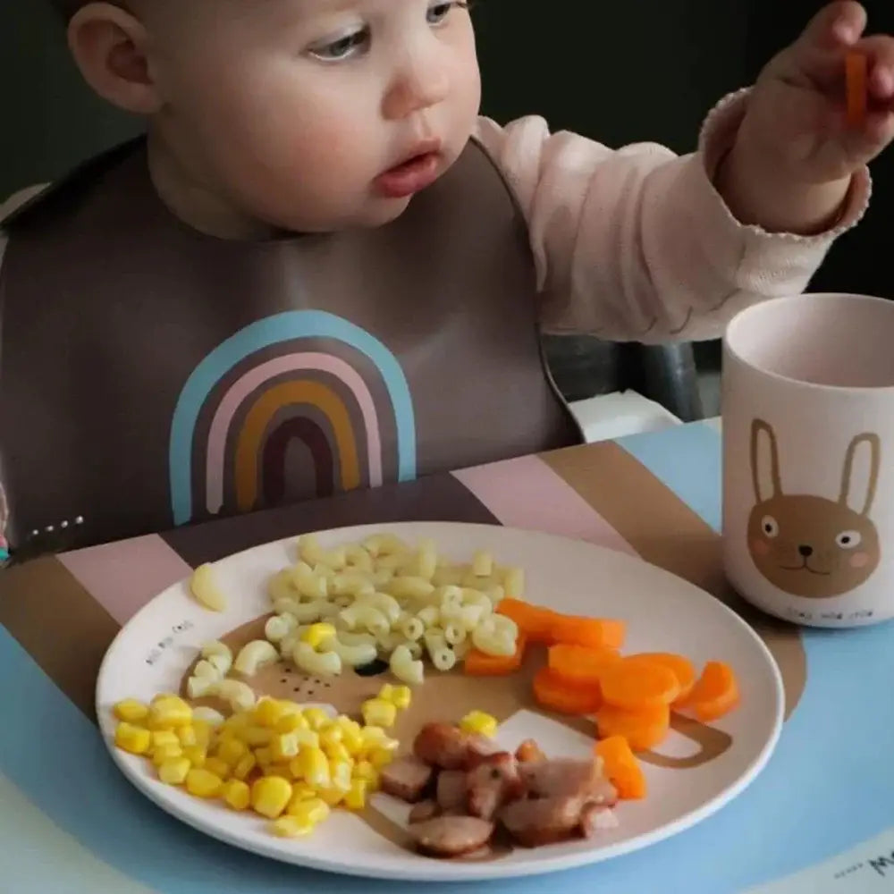 White plate from decorbites™ animal print bamboo fiber salad plate with colorful rainbow bib and baby holding carrot piece