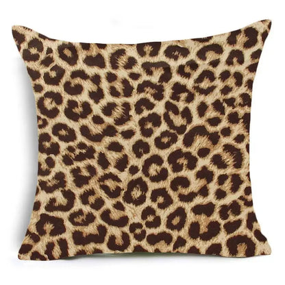 Square-shaped animal print pillowcase cushion cover with bold leopard pattern in rich brown and tan tones textured fabric