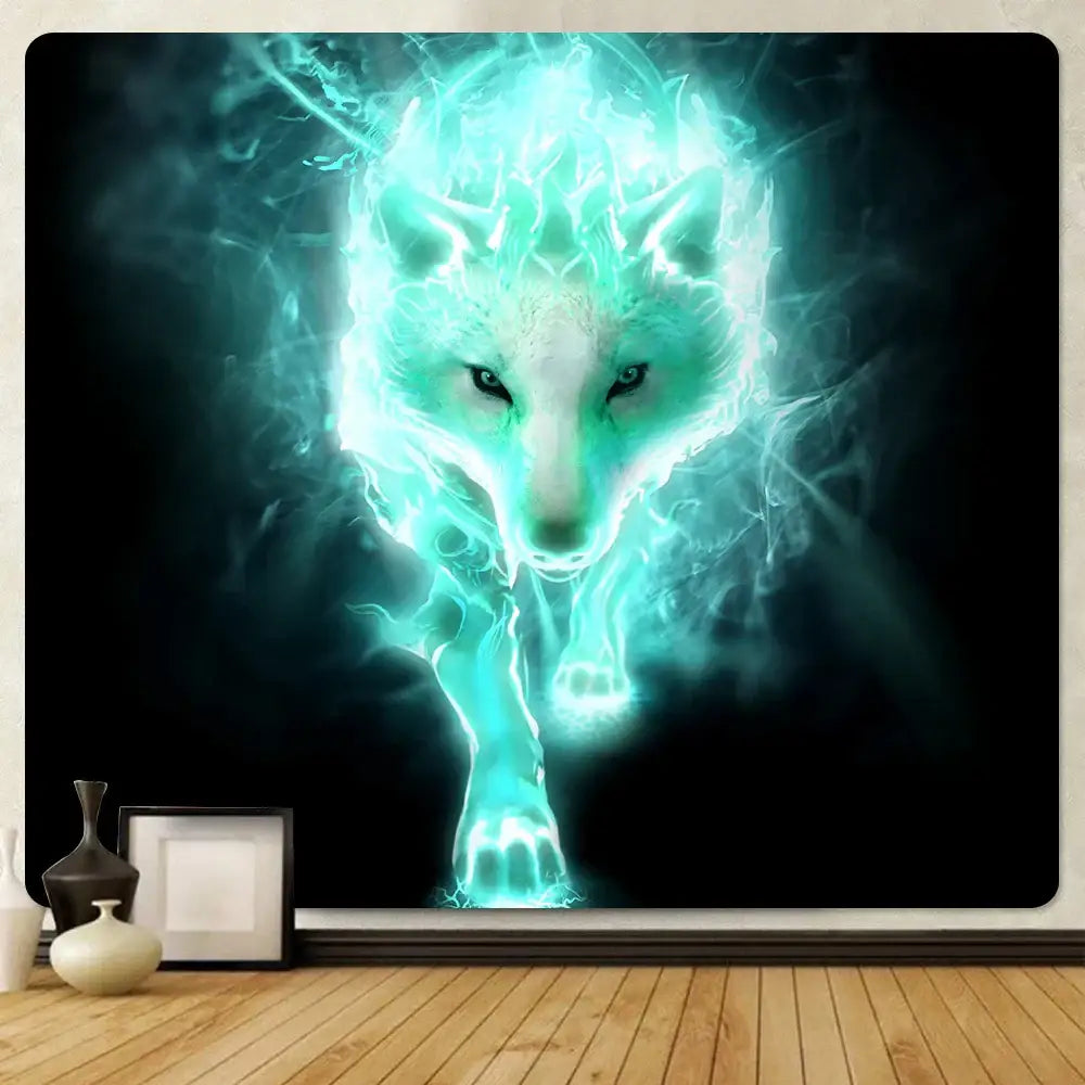 A teal glowing wolf with electric energy on a black animal psychedelic tapestry by decorbites for bohemian decor and yoga mat