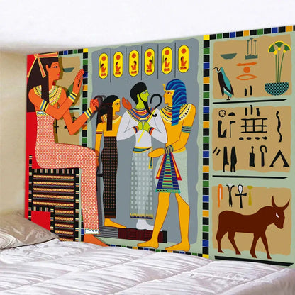 DecorBites™ animal psychedelic tapestry featuring vibrant Egyptian-themed figures and hieroglyphics for home decor and yoga mat use