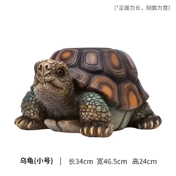 Detailed lifelike tortoise resin sculpture footstool seat with textured brown orange shell and greenish gray limbs by decorbites