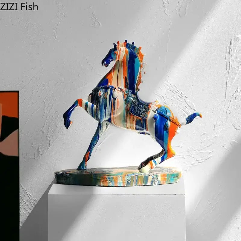 Vibrant abstract horse animal resin statue with flowing blue orange and white paint from decorbites resin statue collection