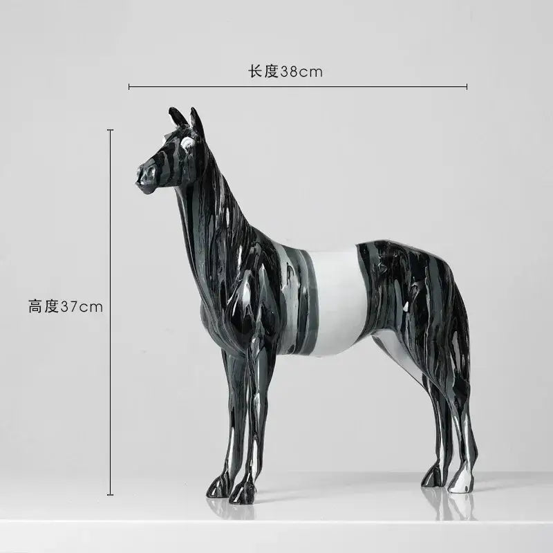 A sleek glossy black and white ceramic horse figurine from decorbites animal resin statue collection with reflective surface