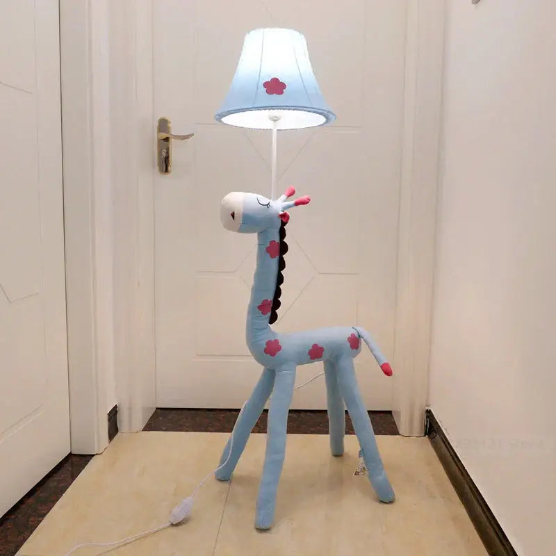 Light blue plush animal shape led floor lamp with pink floral accents and matching fabric shade for children’s room decoration