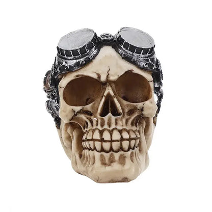 Beige animal skull head figurine with ornate black and silver goggles for punk mechanical desktop decoration