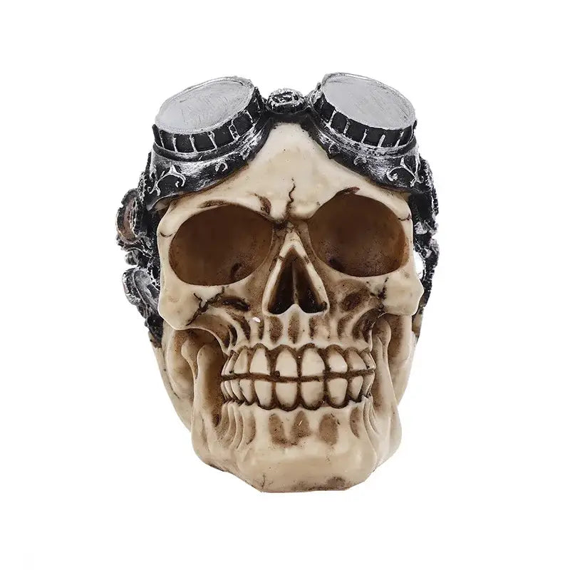 Beige animal skull head figurine with ornate black and silver goggles for punk mechanical desktop decoration