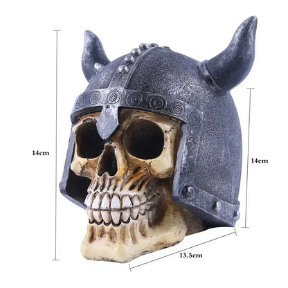 Detailed dark gray and beige resin animal skull ornament wearing viking helmet with horns for halloween decor and gifts