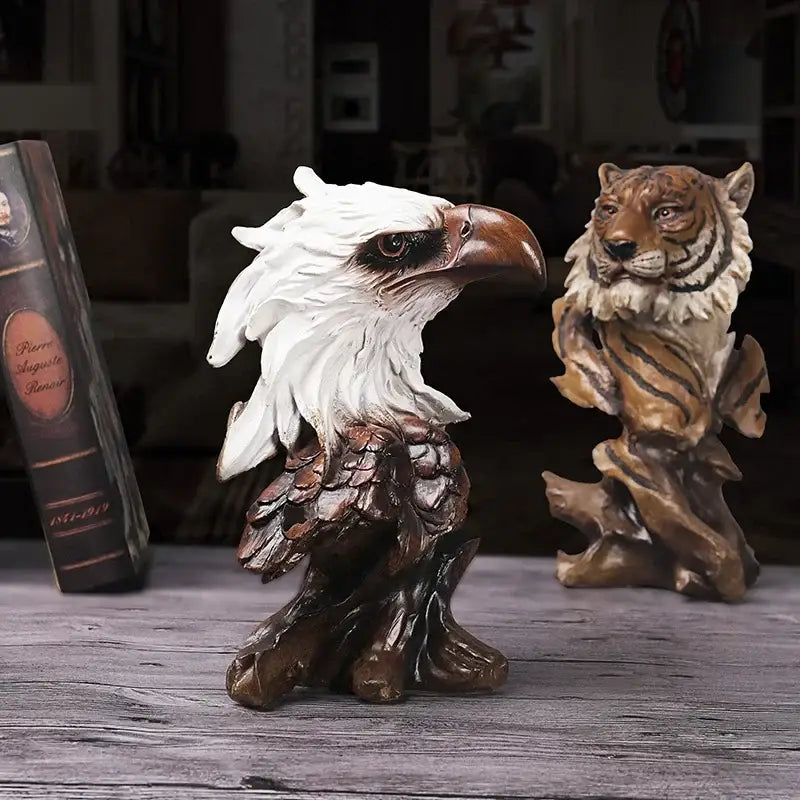 Detailed resin eagle head animal statue with white feathers and brown beak on tree-root base from decorbites statue collection