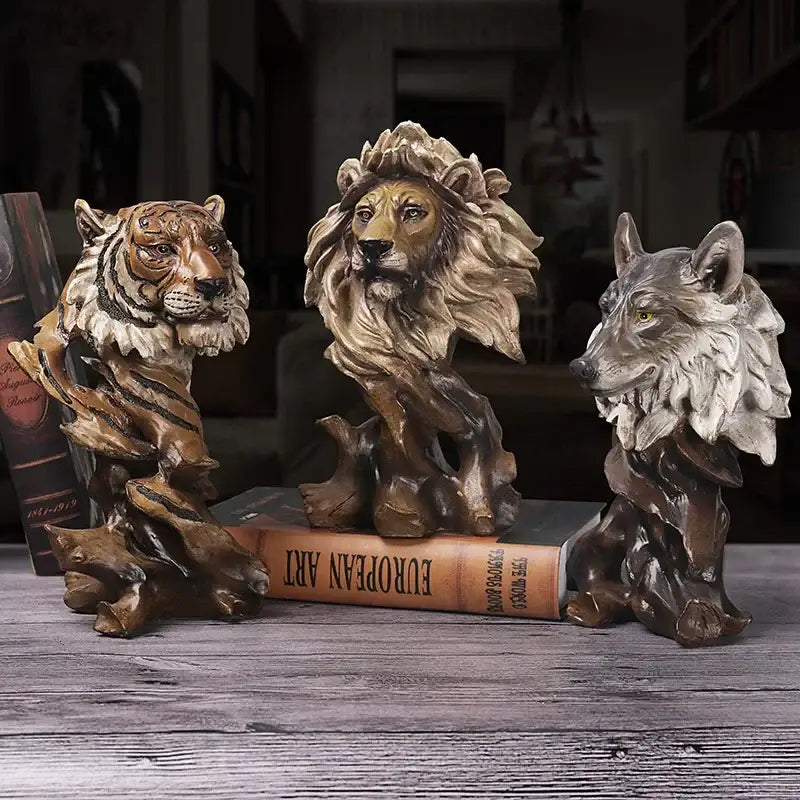 Bronze-finished resin tiger lion and wolf figurines as bookends from the decorbites animal statue collection