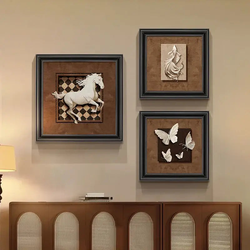 White sculpted horse animal wall decor in black wall decor frame with checkered background from decorbites decor frame set