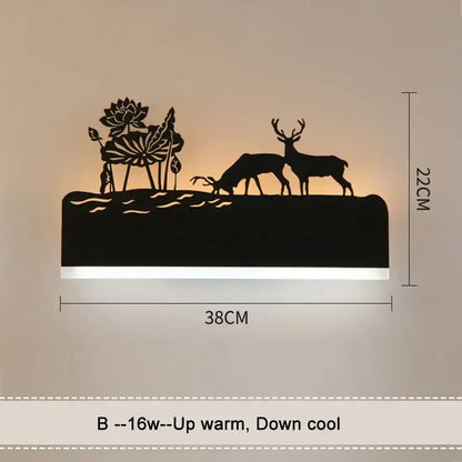 Black metal animal wall lamps featuring deer and lotus silhouettes illuminated for living room and bedside lighting