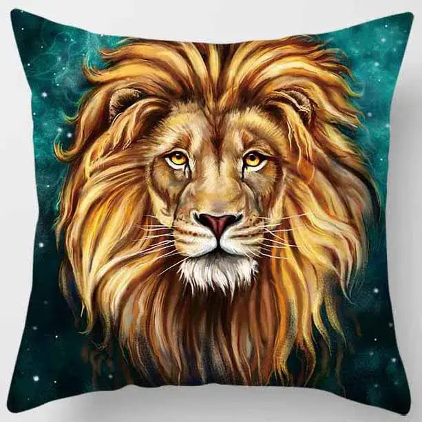 A square pillow case from decorbites animals world featuring a golden-brown lion with glowing amber eyes on teal background