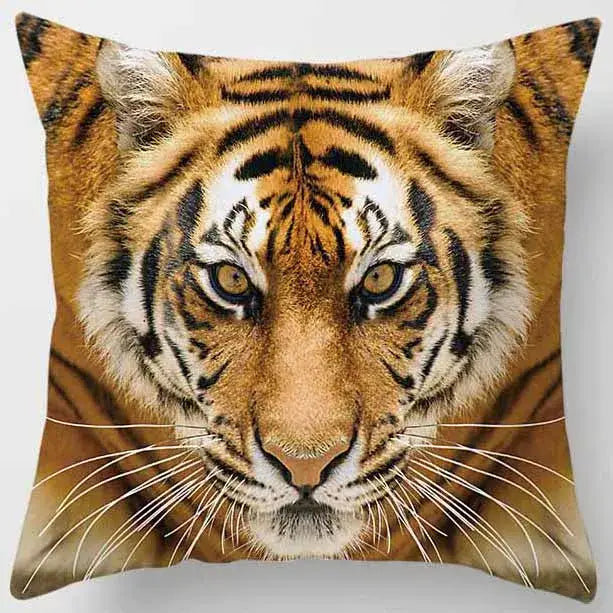 Square throw pillow case with a detailed close-up of an animals world tiger face in orange black and white by decorbites animals world