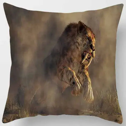 Square decorbites animals world pillow case featuring a realistic saber-toothed cat in mid-leap on an earth-toned background